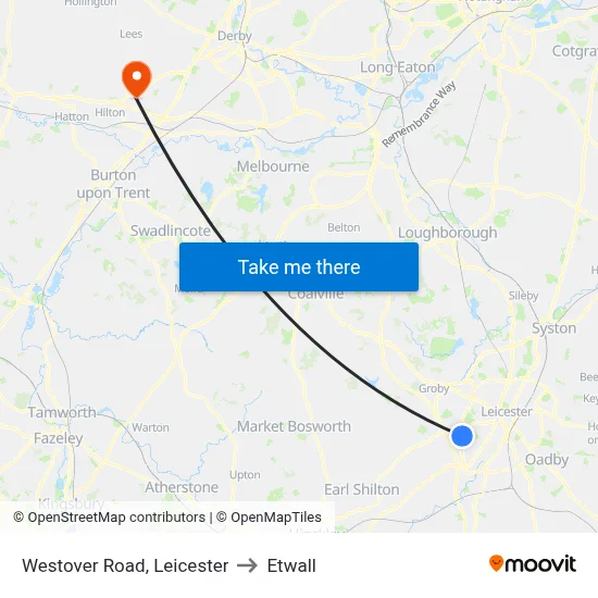Westover Road, Leicester to Etwall map
