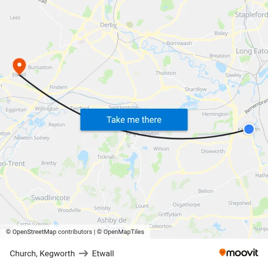 Church, Kegworth to Etwall map