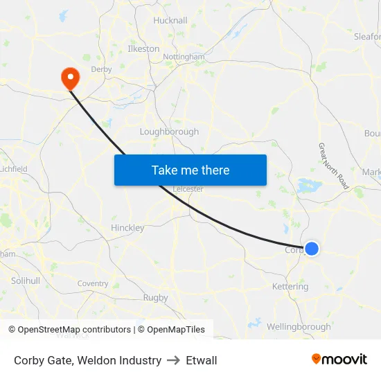Corby Gate, Weldon Industry to Etwall map