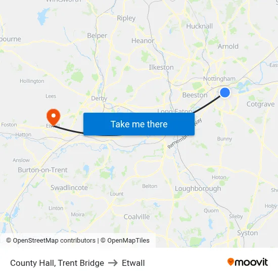 County Hall, Trent Bridge to Etwall map