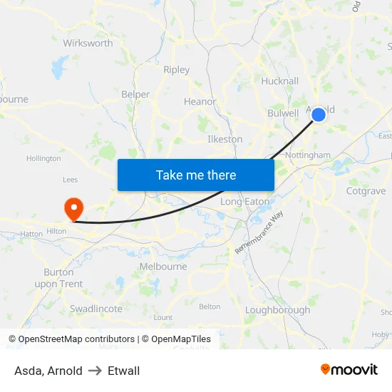 Asda, Arnold to Etwall map