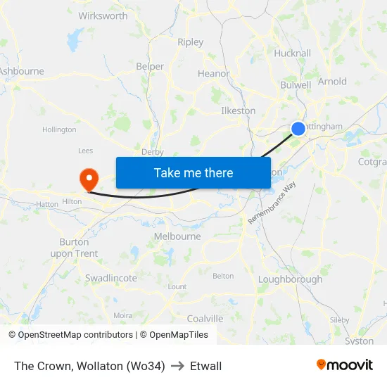 The Crown, Wollaton (Wo34) to Etwall map
