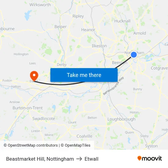Beastmarket Hill, Nottingham to Etwall map