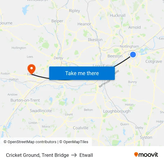 Cricket Ground, Trent Bridge to Etwall map