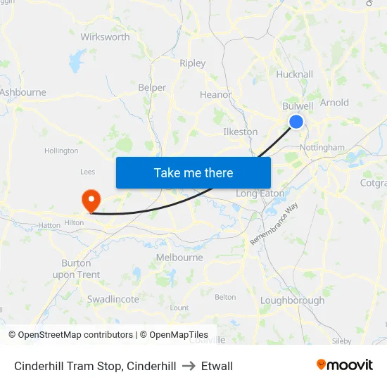 Cinderhill Tram Stop, Cinderhill to Etwall map