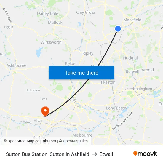 Sutton Bus Station, Sutton In Ashfield to Etwall map