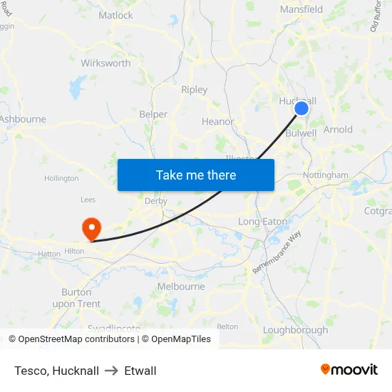 Tesco, Hucknall to Etwall map