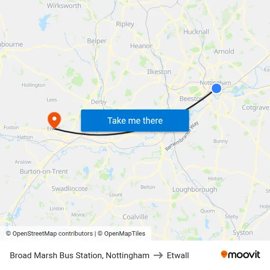 Broad Marsh Bus Station, Nottingham to Etwall map