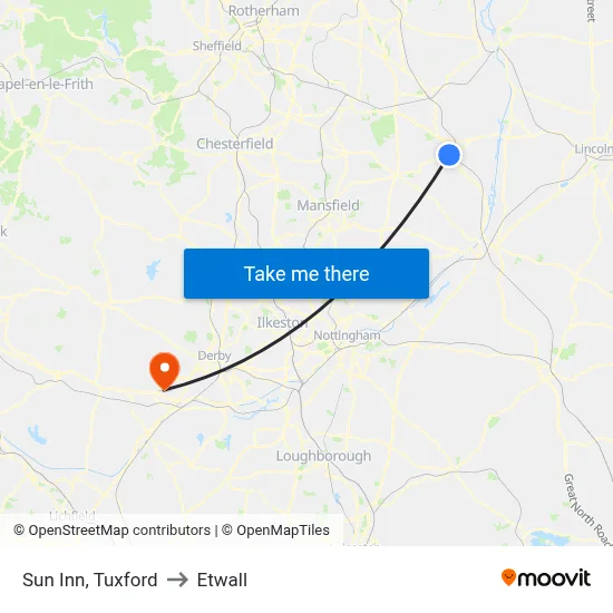 Sun Inn, Tuxford to Etwall map
