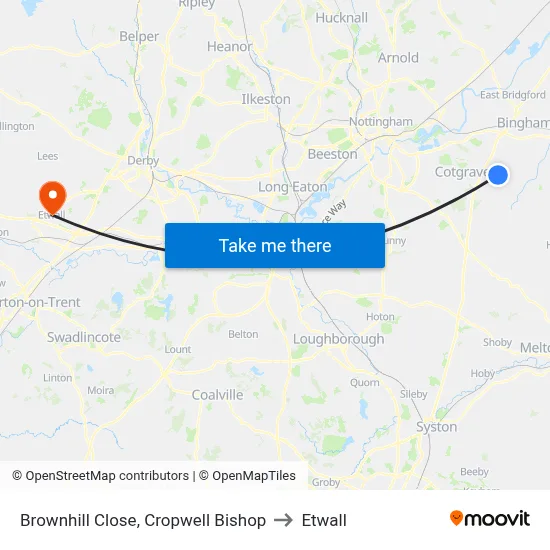 Brownhill Close, Cropwell Bishop to Etwall map
