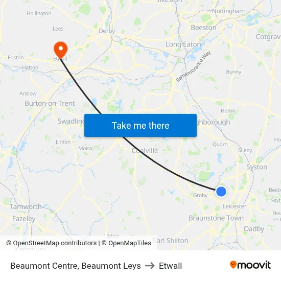 Beaumont Centre, Beaumont Leys to Etwall map