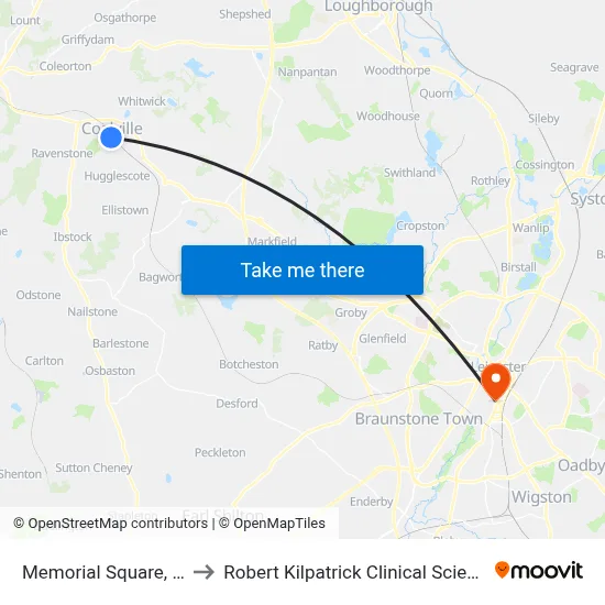 Memorial Square, Coalville to Robert Kilpatrick Clinical Sciences Building map