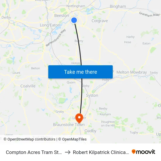 Compton Acres Tram Stop, Compton Acres to Robert Kilpatrick Clinical Sciences Building map