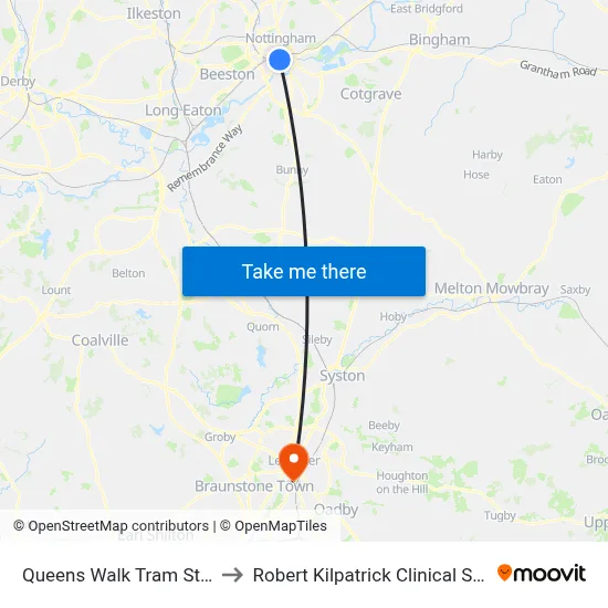 Queens Walk Tram Stop, Meadows to Robert Kilpatrick Clinical Sciences Building map