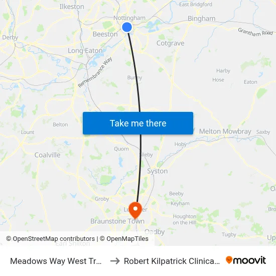 Meadows Way West Tram Stop, Meadows to Robert Kilpatrick Clinical Sciences Building map