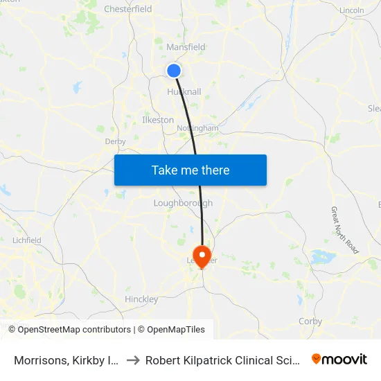 Morrisons, Kirkby In Ashfield to Robert Kilpatrick Clinical Sciences Building map