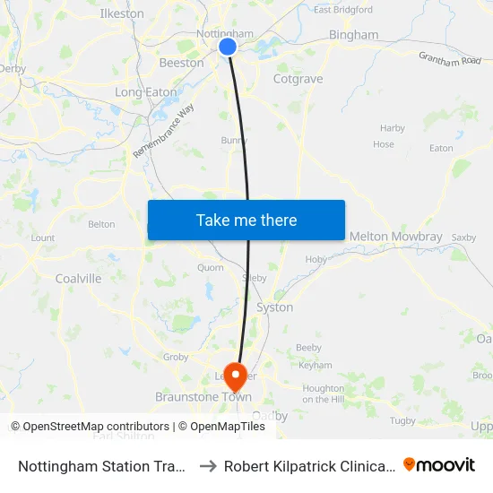 Nottingham Station Tram Stop, Nottingham to Robert Kilpatrick Clinical Sciences Building map