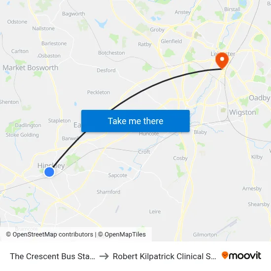 The Crescent Bus Station, Hinckley to Robert Kilpatrick Clinical Sciences Building map