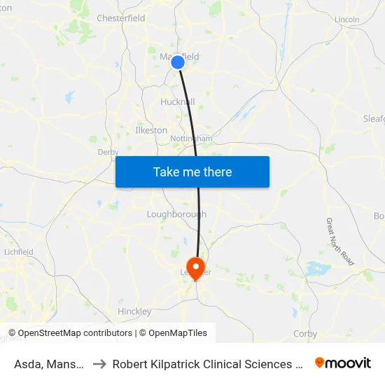 Asda, Mansfield to Robert Kilpatrick Clinical Sciences Building map
