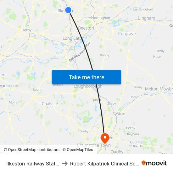 Ilkeston Railway Station, Ilkeston to Robert Kilpatrick Clinical Sciences Building map