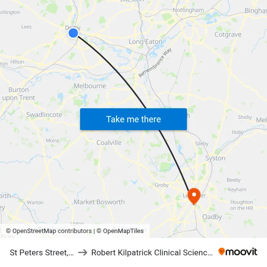 St Peters Street, Derby to Robert Kilpatrick Clinical Sciences Building map