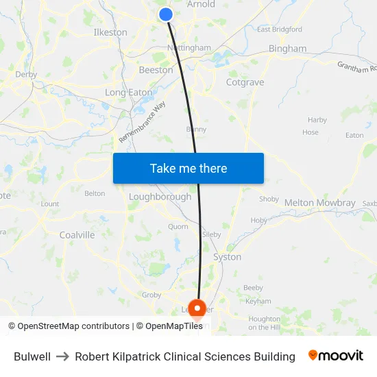 Bulwell to Robert Kilpatrick Clinical Sciences Building map