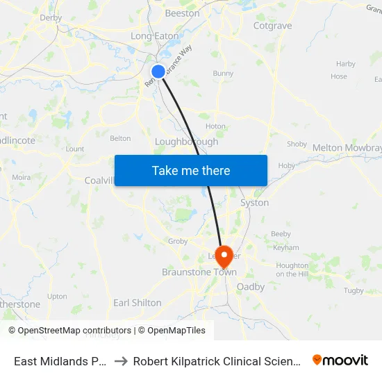 East Midlands Parkway to Robert Kilpatrick Clinical Sciences Building map