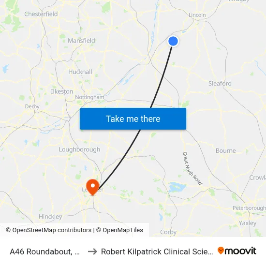 A46 Roundabout, Swinderby to Robert Kilpatrick Clinical Sciences Building map