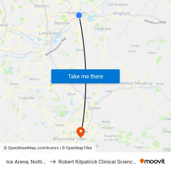 Ice Arena, Nottingham to Robert Kilpatrick Clinical Sciences Building map