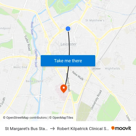 St Margaret's Bus Station, Leicester to Robert Kilpatrick Clinical Sciences Building map