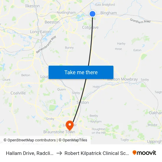 Hallam Drive, Radcliffe on Trent to Robert Kilpatrick Clinical Sciences Building map