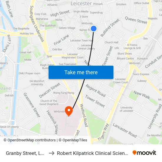Granby Street, Leicester to Robert Kilpatrick Clinical Sciences Building map