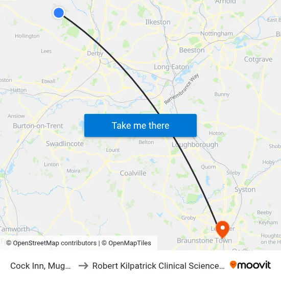Cock Inn, Mugginton to Robert Kilpatrick Clinical Sciences Building map