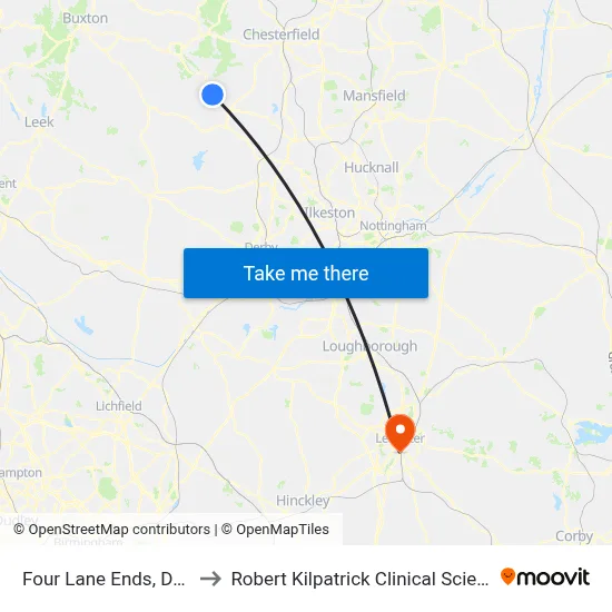 Four Lane Ends, Darley Dale to Robert Kilpatrick Clinical Sciences Building map