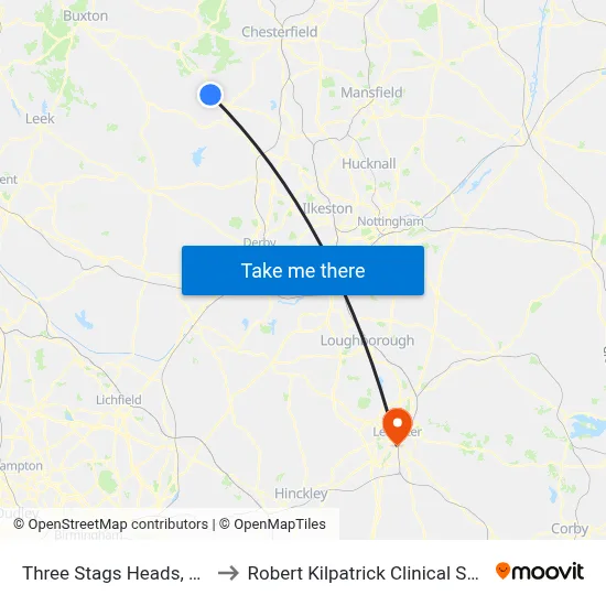 Three Stags Heads, Darley Bridge to Robert Kilpatrick Clinical Sciences Building map