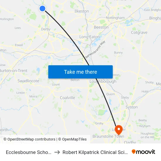 Ecclesbourne School, Duffield to Robert Kilpatrick Clinical Sciences Building map