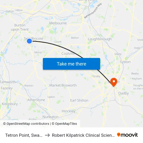 Tetron Point, Swadlincote to Robert Kilpatrick Clinical Sciences Building map