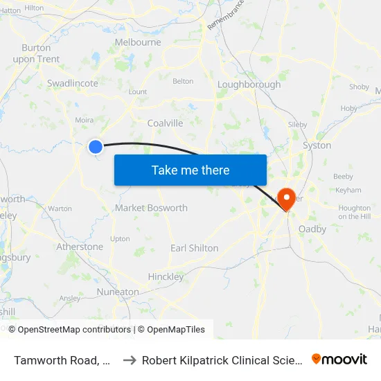Tamworth Road, Measham to Robert Kilpatrick Clinical Sciences Building map
