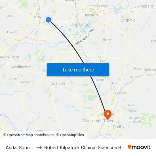 Asda, Spondon to Robert Kilpatrick Clinical Sciences Building map