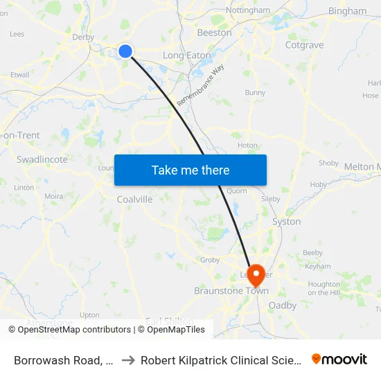 Borrowash Road, Spondon to Robert Kilpatrick Clinical Sciences Building map