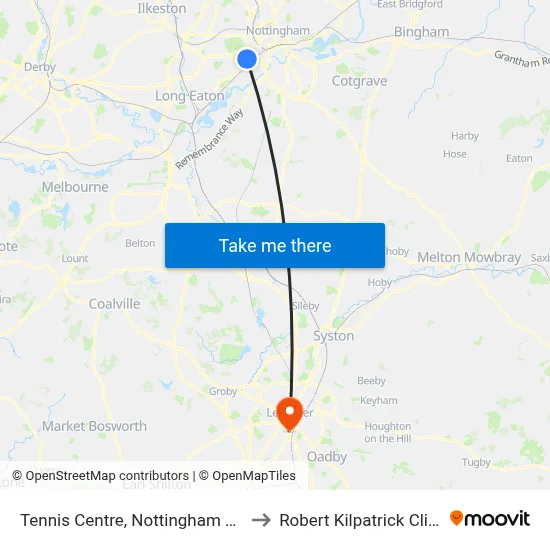 Tennis Centre, Nottingham University Main Campus (Un03) to Robert Kilpatrick Clinical Sciences Building map