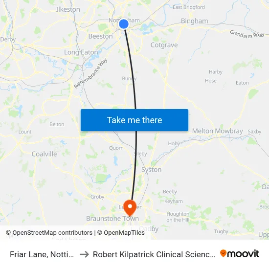 Friar Lane, Nottingham to Robert Kilpatrick Clinical Sciences Building map