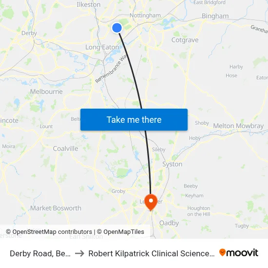Derby Road, Beeston to Robert Kilpatrick Clinical Sciences Building map