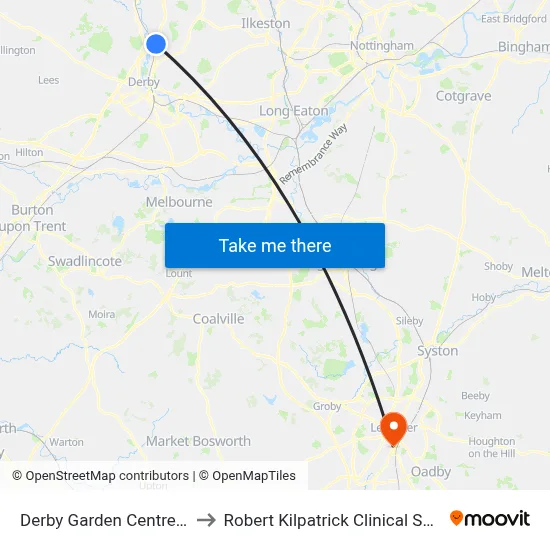 Derby Garden Centre, Little Eaton to Robert Kilpatrick Clinical Sciences Building map