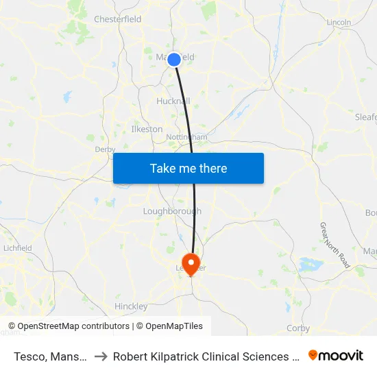Tesco, Mansfield to Robert Kilpatrick Clinical Sciences Building map
