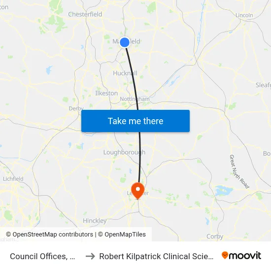 Council Offices, Mansfield to Robert Kilpatrick Clinical Sciences Building map