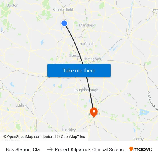 Bus Station, Clay Cross to Robert Kilpatrick Clinical Sciences Building map