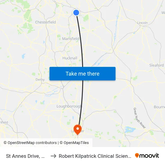 St Annes Drive, Worksop to Robert Kilpatrick Clinical Sciences Building map