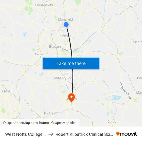 West Notts College, Mansfield to Robert Kilpatrick Clinical Sciences Building map