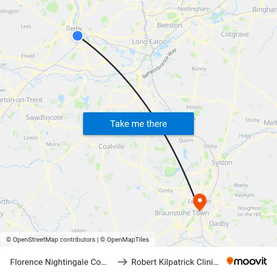 Florence Nightingale Community Hospital, Derby to Robert Kilpatrick Clinical Sciences Building map
